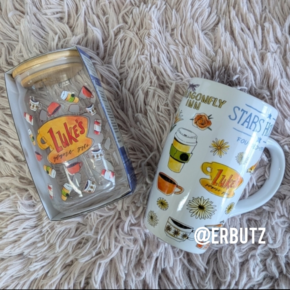 Gilmore Girls Set - Glass LUKE'S Tumbler & Ceramic Stars Hollow Travel Mug ☕